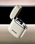 Yoose plasma arc electric lighter in ivory white, shown open with dual arc ignition activated — compact, windproof, and rechargeable design curated by Zen Aroma.
