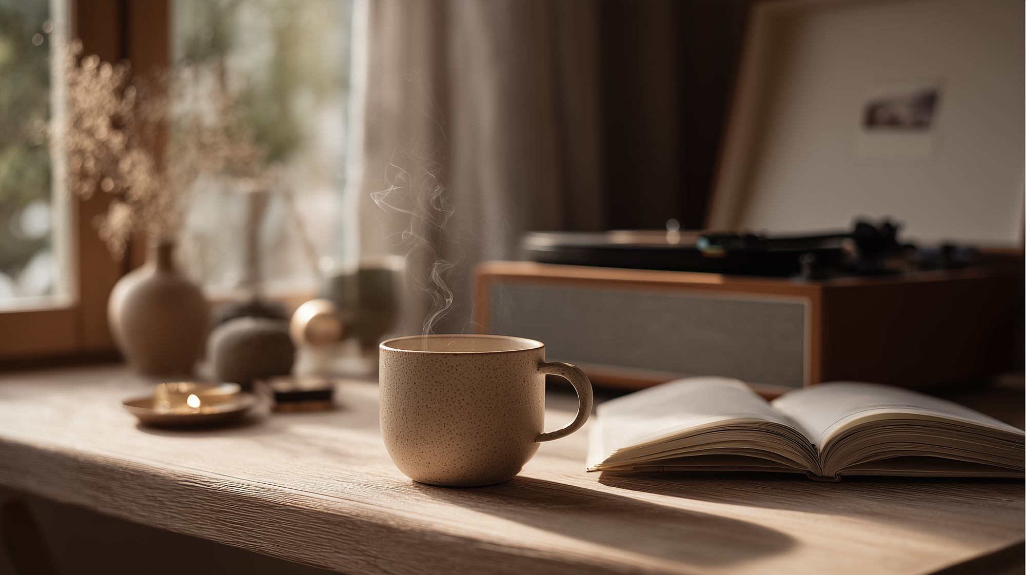 A cozy evening scene with a ceramic teacup, an open book, dried flowers, and a vintage record player on a wooden table, bathed in warm soft light.