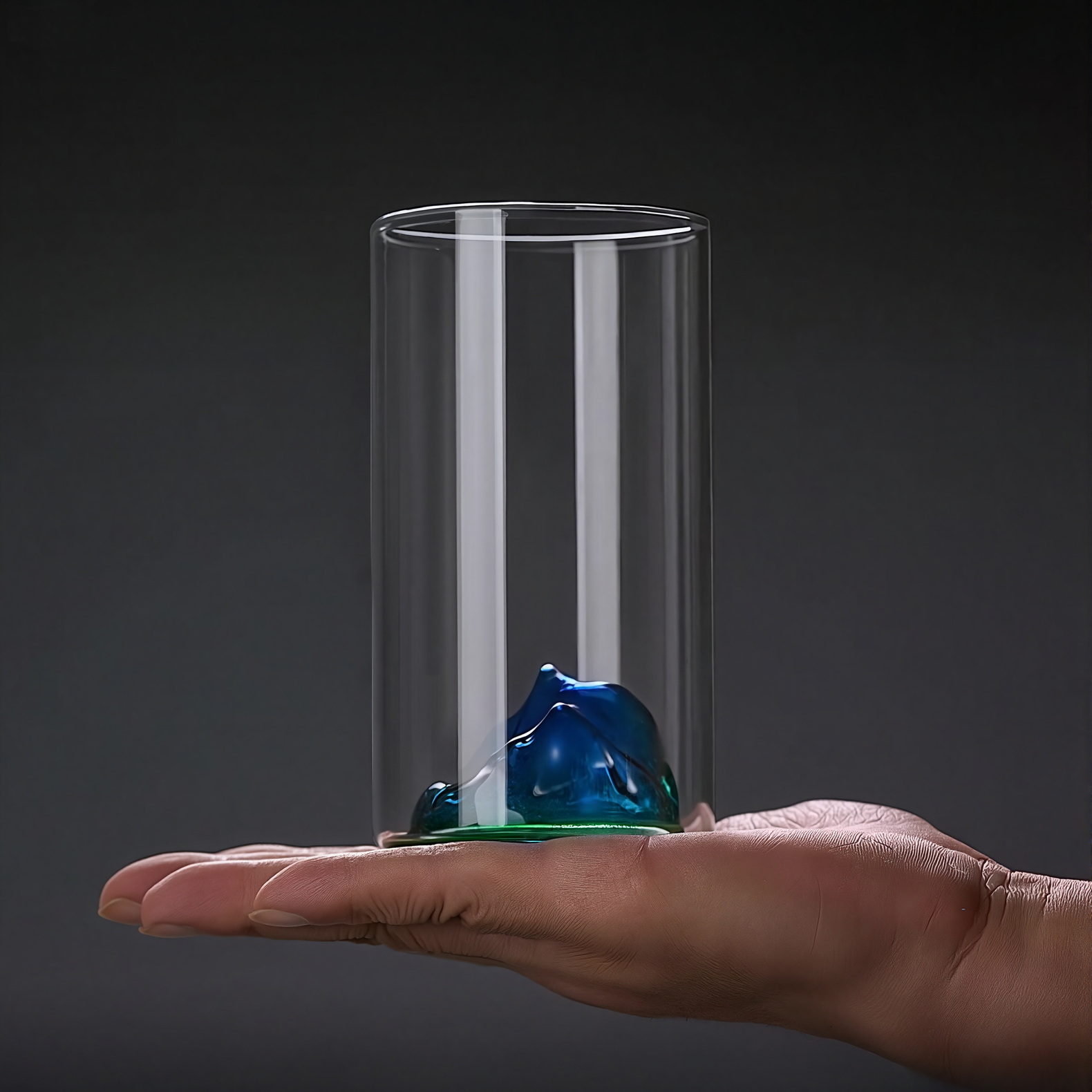 Hand holding a clear glass cylinder with a blue and green object inside against a dark background