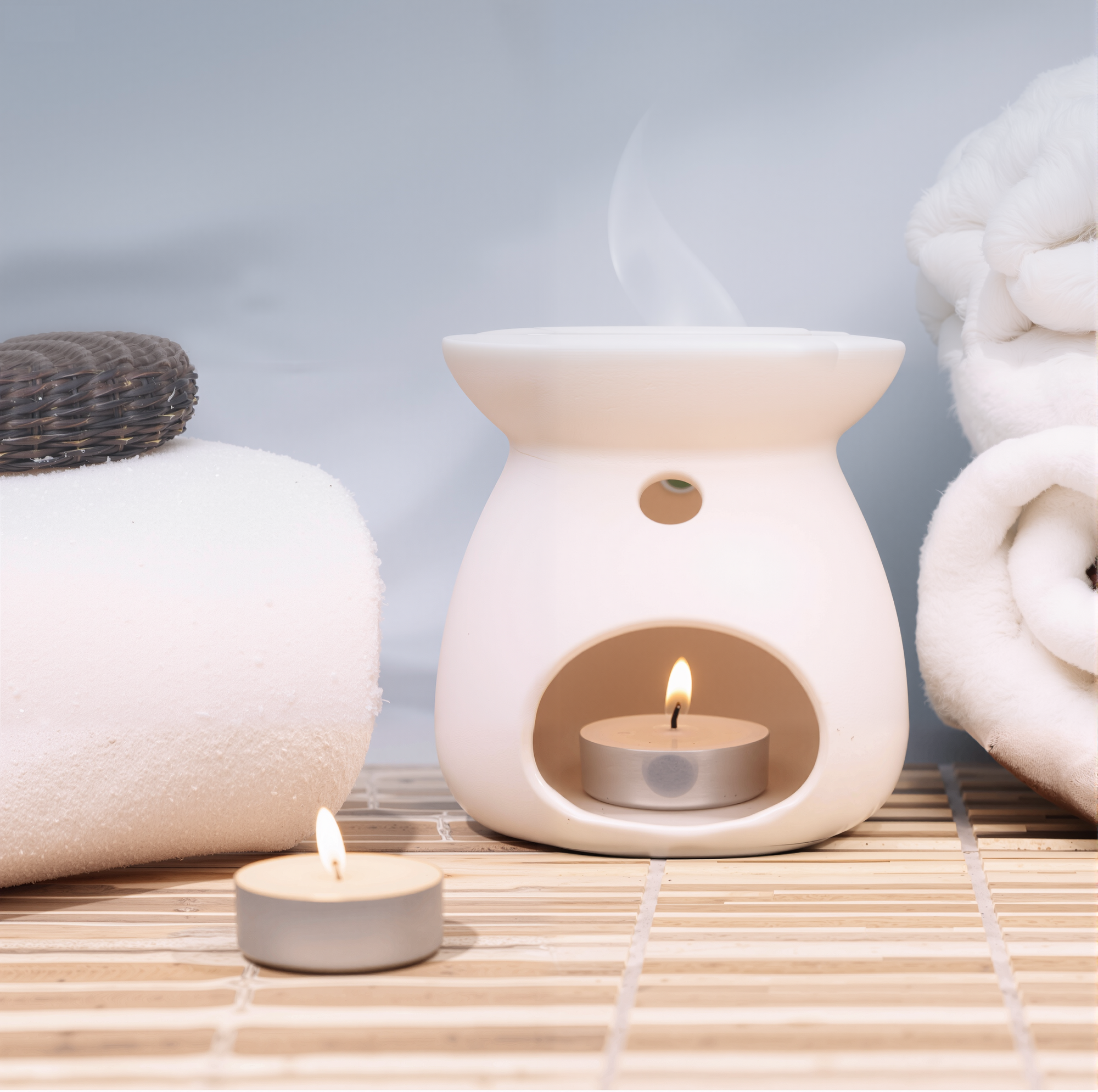 Zen Aroma unscented ghee candle burning inside a white ceramic Aroma Burner, with another tealight candle beside folded towels on a wooden surface — creating a clean, smokeless flame ideal for releasing aroma pellets.