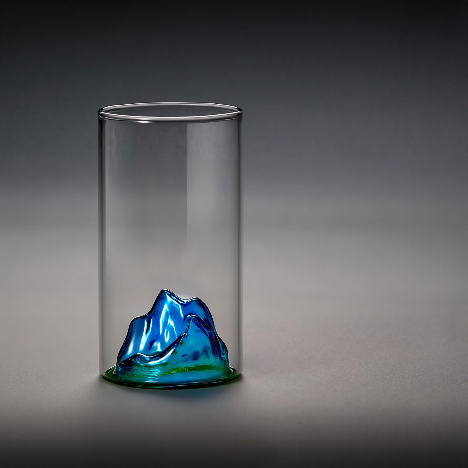 Cylindrical glass container with a blue and green mountain-like sculpture on a gray background