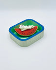 Cat & Watermelon incense holder displayed inside the Purrfect Ash Tub on a clean white background.