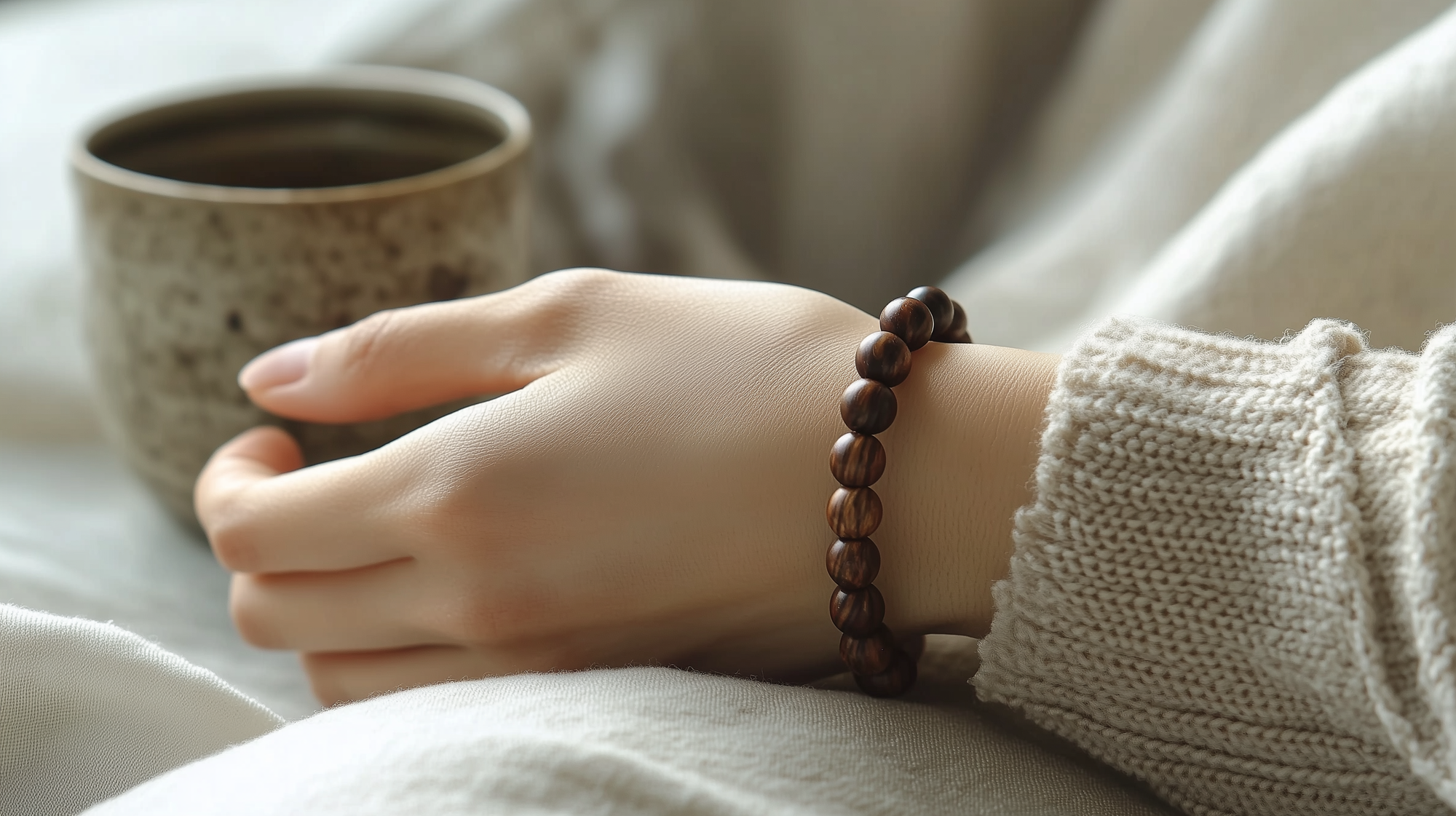 Close-up of a hand wearing Hainan Huanghuali wood bead bracelet, holding a ceramic cup, cozy and minimalist zen-inspired scene