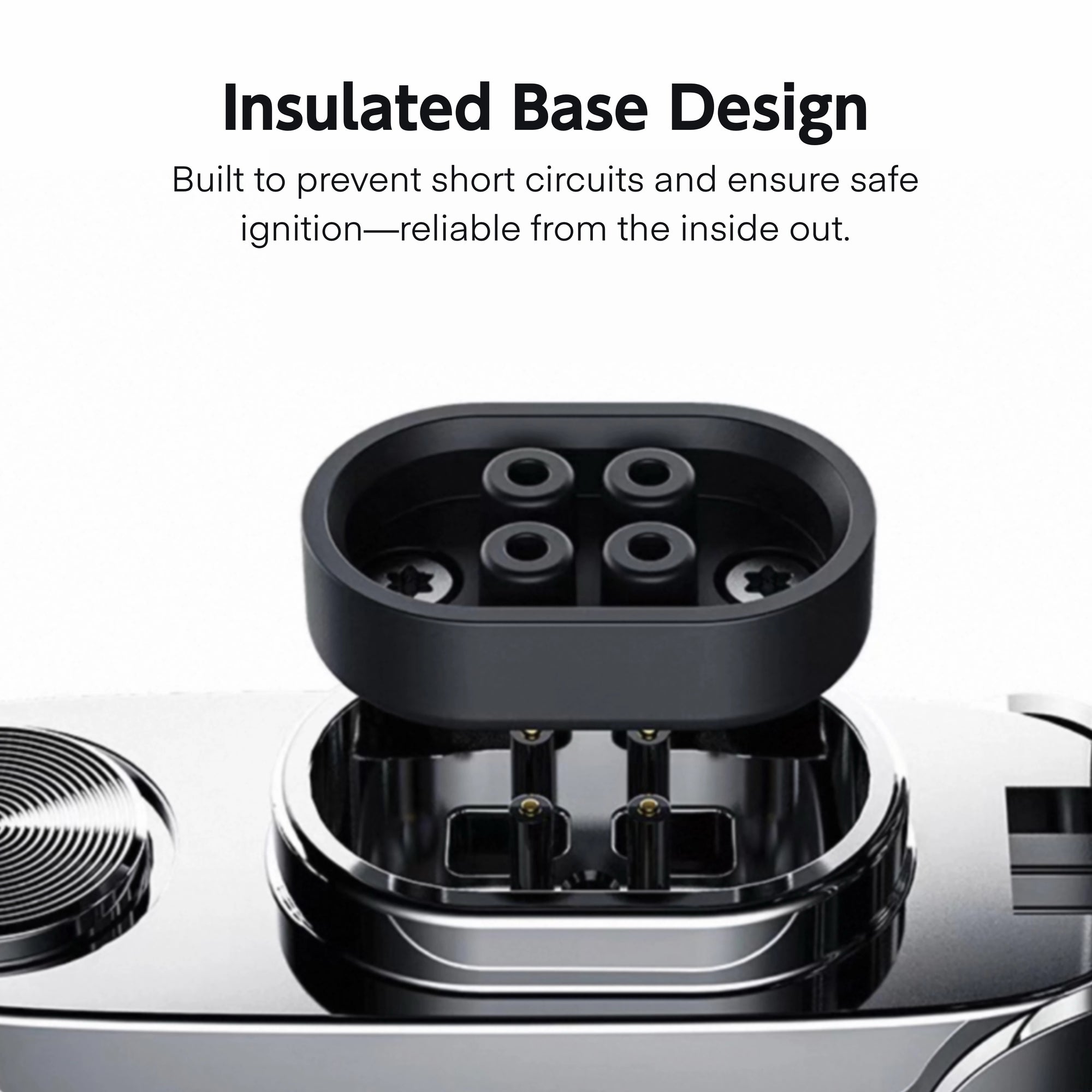 Close-up of the insulated base design in the Zen Aroma rechargeable arc lighter by Yoose, showing short-circuit prevention and dual electrode layout for safe and stable ignition.