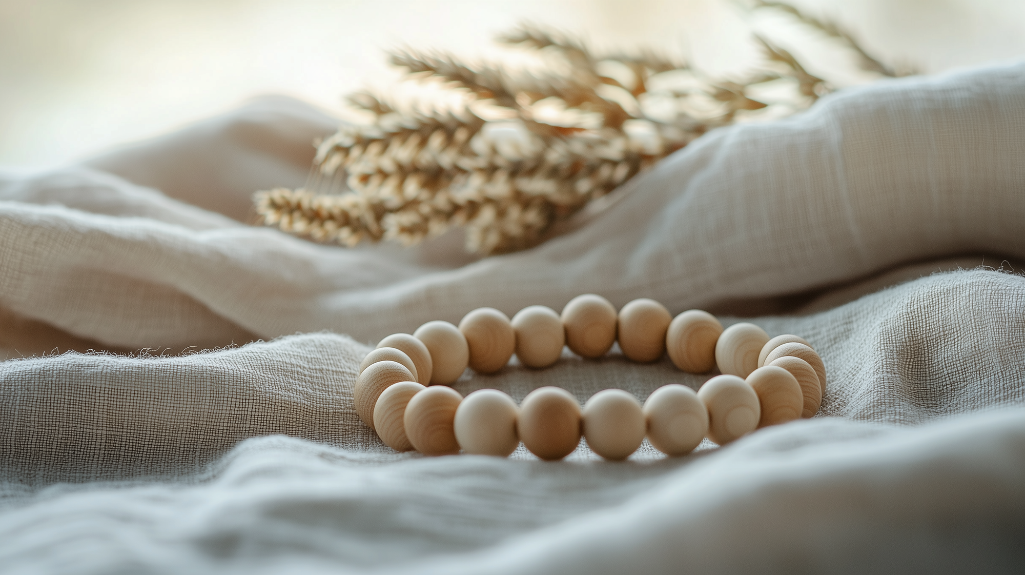 Natural wood bead bracelet resting on soft linen with warm sunlight, minimalist zen-inspired scene, part of Zen Aroma Natural Bead Collection.