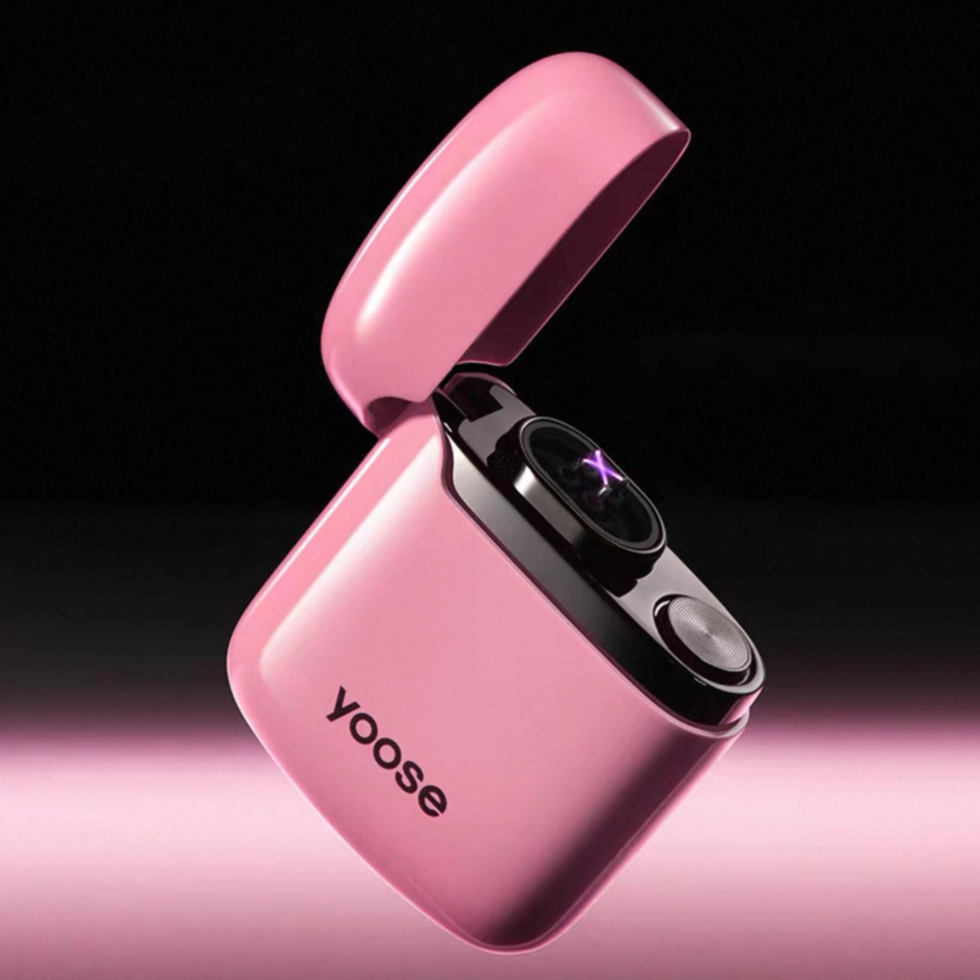 Pink Yoose rechargeable arc lighter with open lid and visible plasma ignition — flameless, windproof, compact, and curated by Zen Aroma.