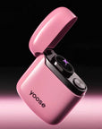 Pink Yoose rechargeable arc lighter with open lid and visible plasma ignition — flameless, windproof, compact, and curated by Zen Aroma.