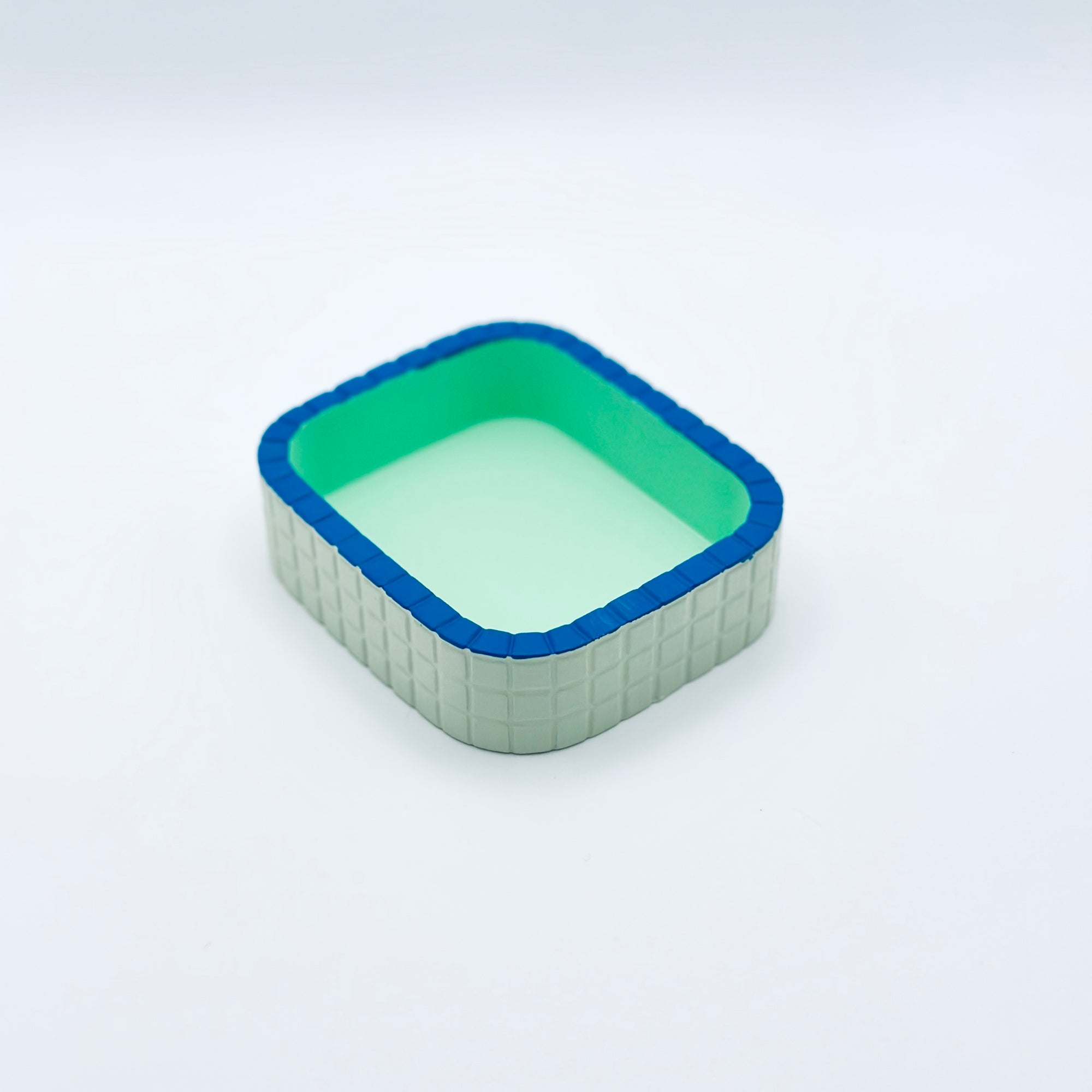 Zen Aroma “Purrfect Ash Tub” minimalist square incense ash holder with mint green interior and navy blue rim, designed for holding incense holders and collecting ash on a clean white background.