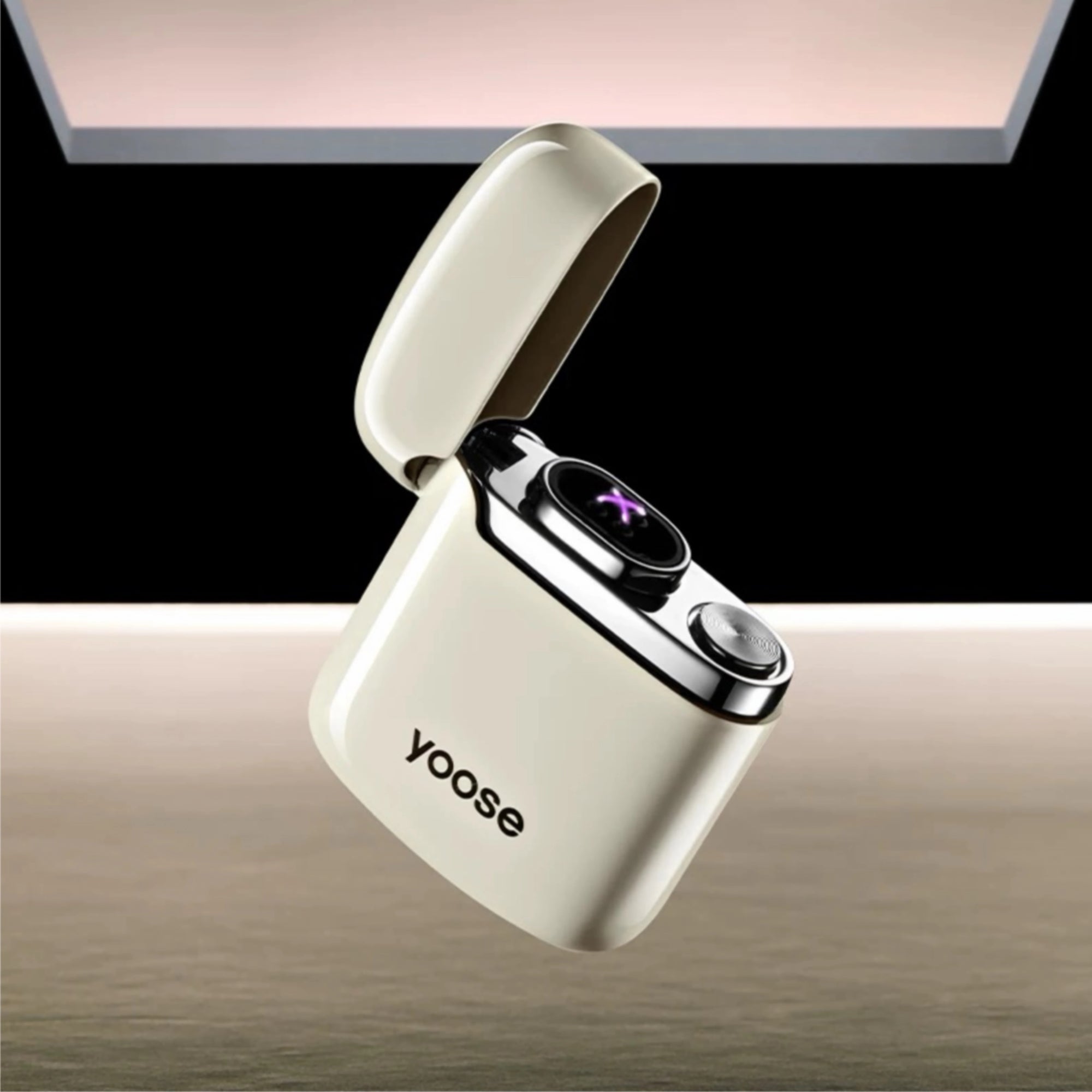 Yoose plasma arc electric lighter in ivory white, shown open with dual arc ignition activated — compact, windproof, and rechargeable design curated by Zen Aroma.