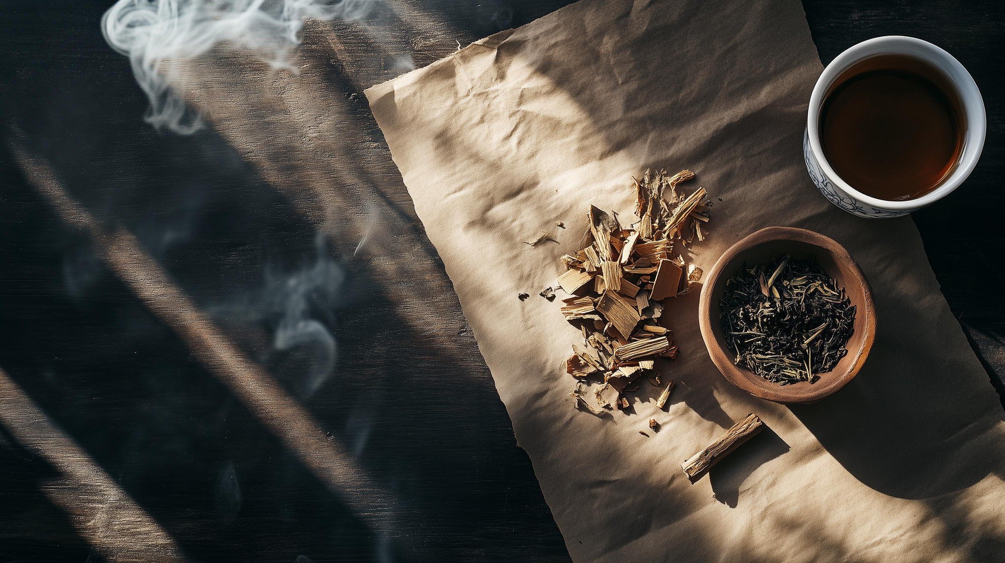 Zen Aroma Aroma Pellets – natural wood and herb incense on dark wood background, evoking grounding rituals and timeless calm