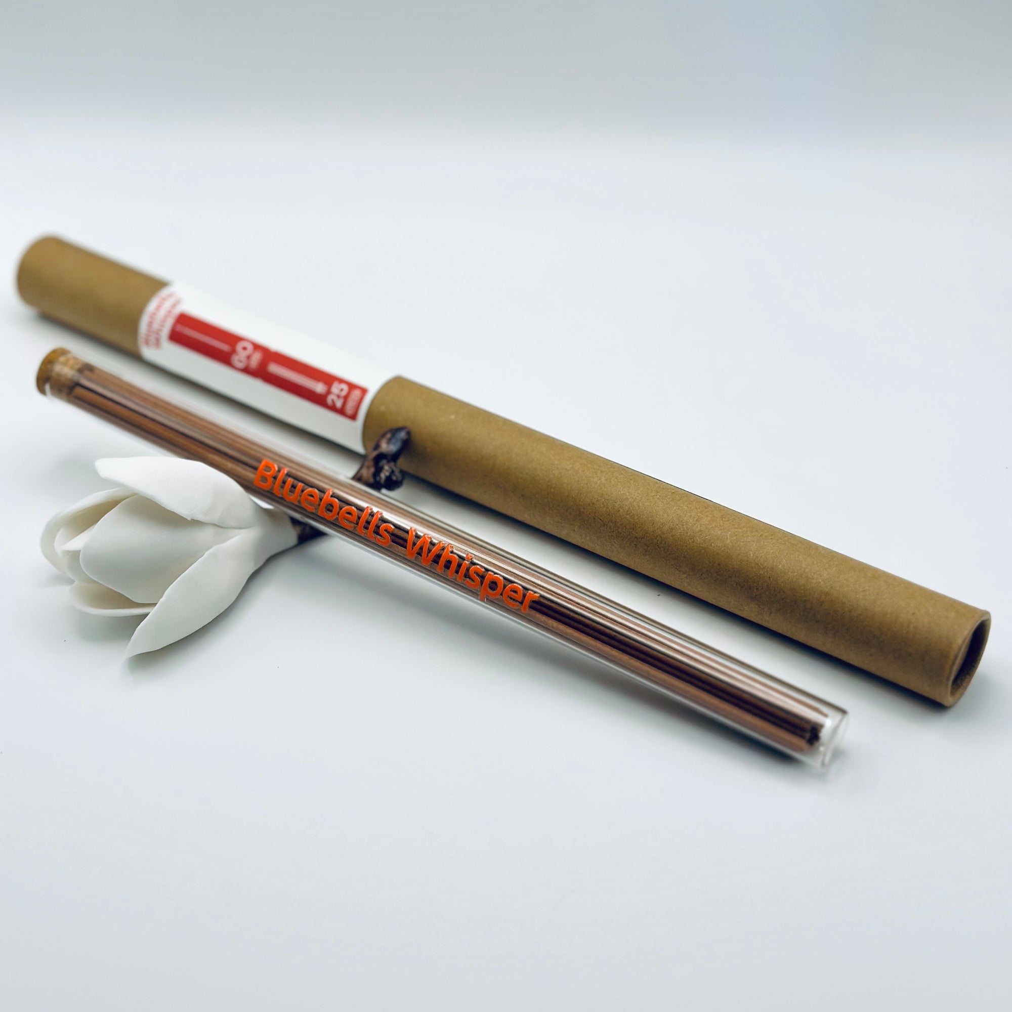 Zen Aroma Bluebells Whisper incense sticks in a glass tube with cork and brown cardboard tube packaging, displayed on a clean white background.