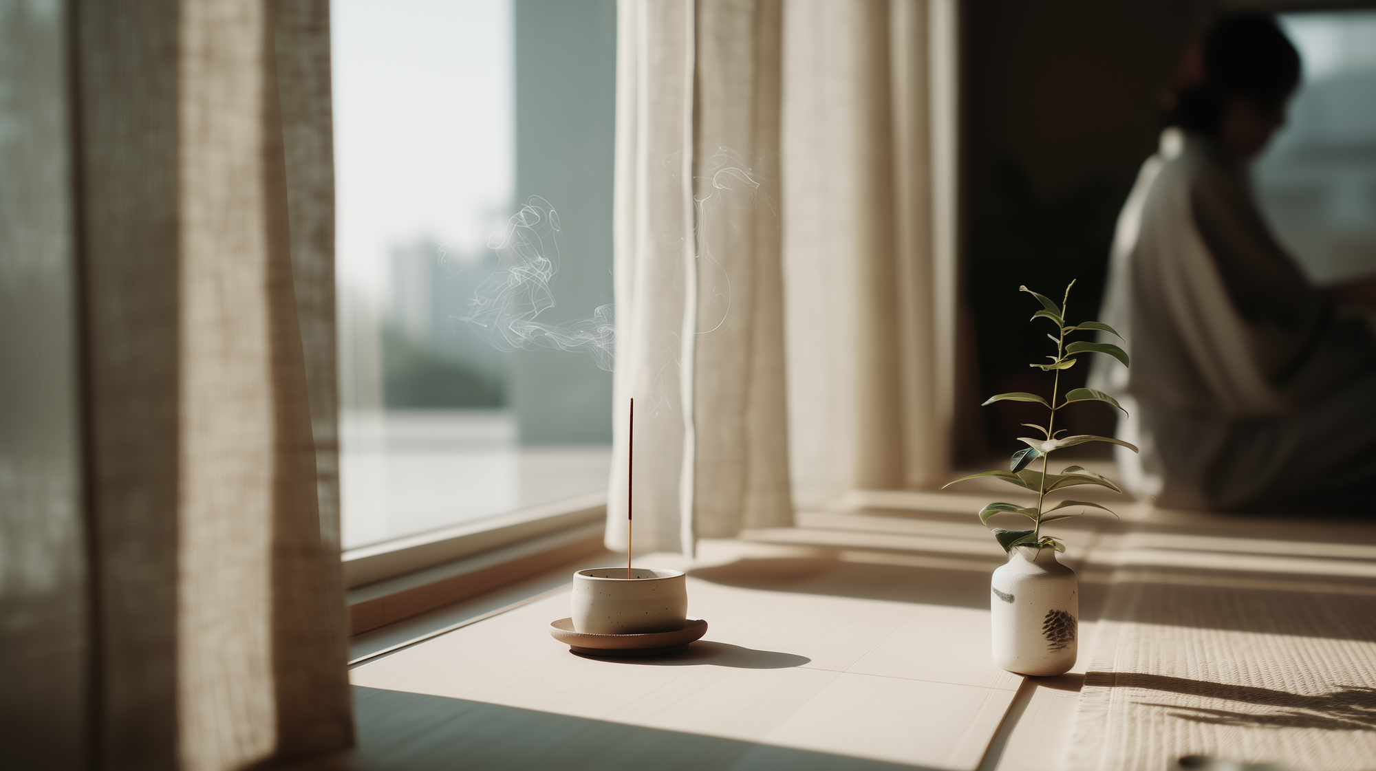 Zen Aroma Daily Ritual Collection – incense stick burning in morning light, evoking calm daily routines and mindful fragrance rituals