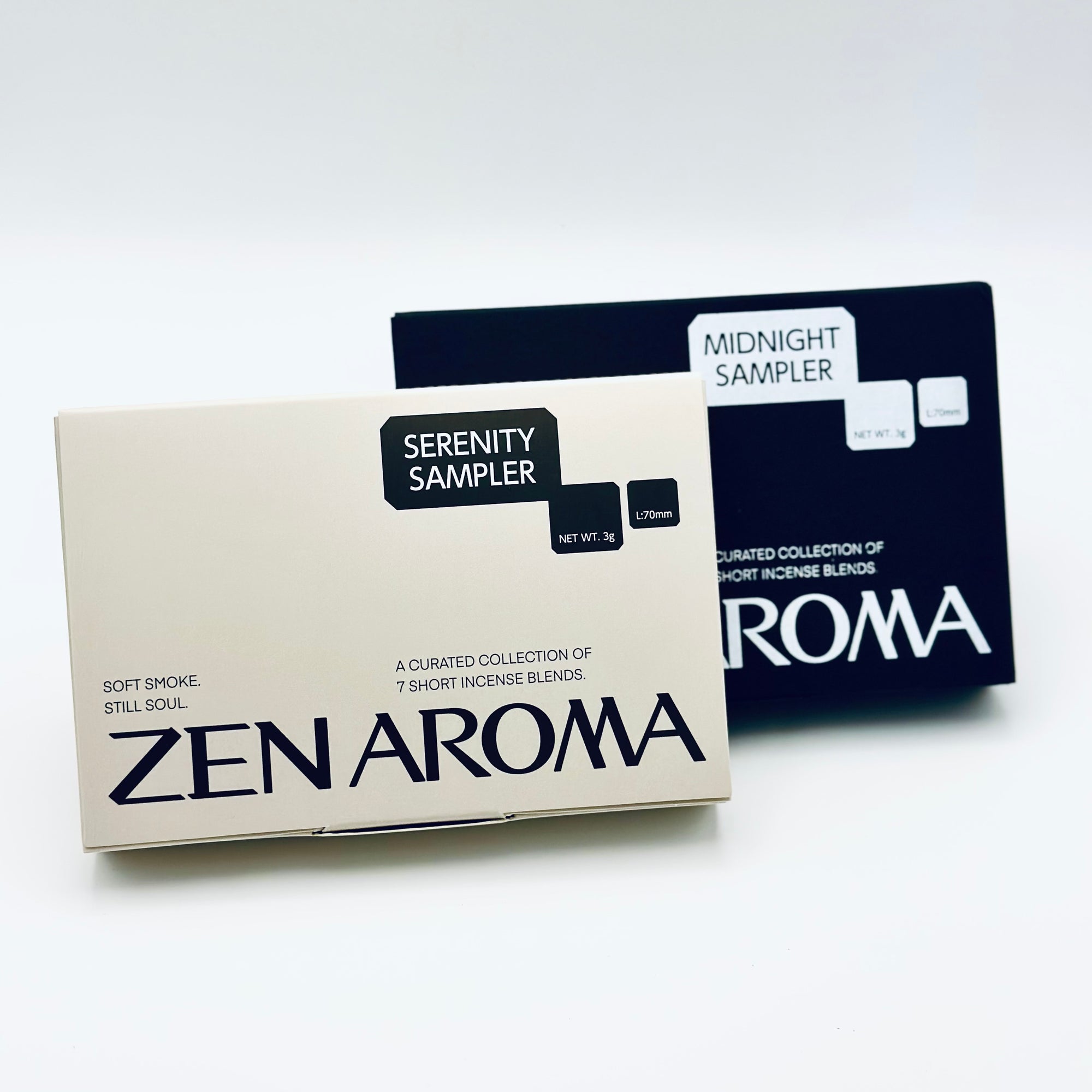 Zen Aroma “Serenity Sampler” and “Midnight Sampler” incense gift boxes displayed side by side on a white background, showcasing two curated collections of seven short incense blends.