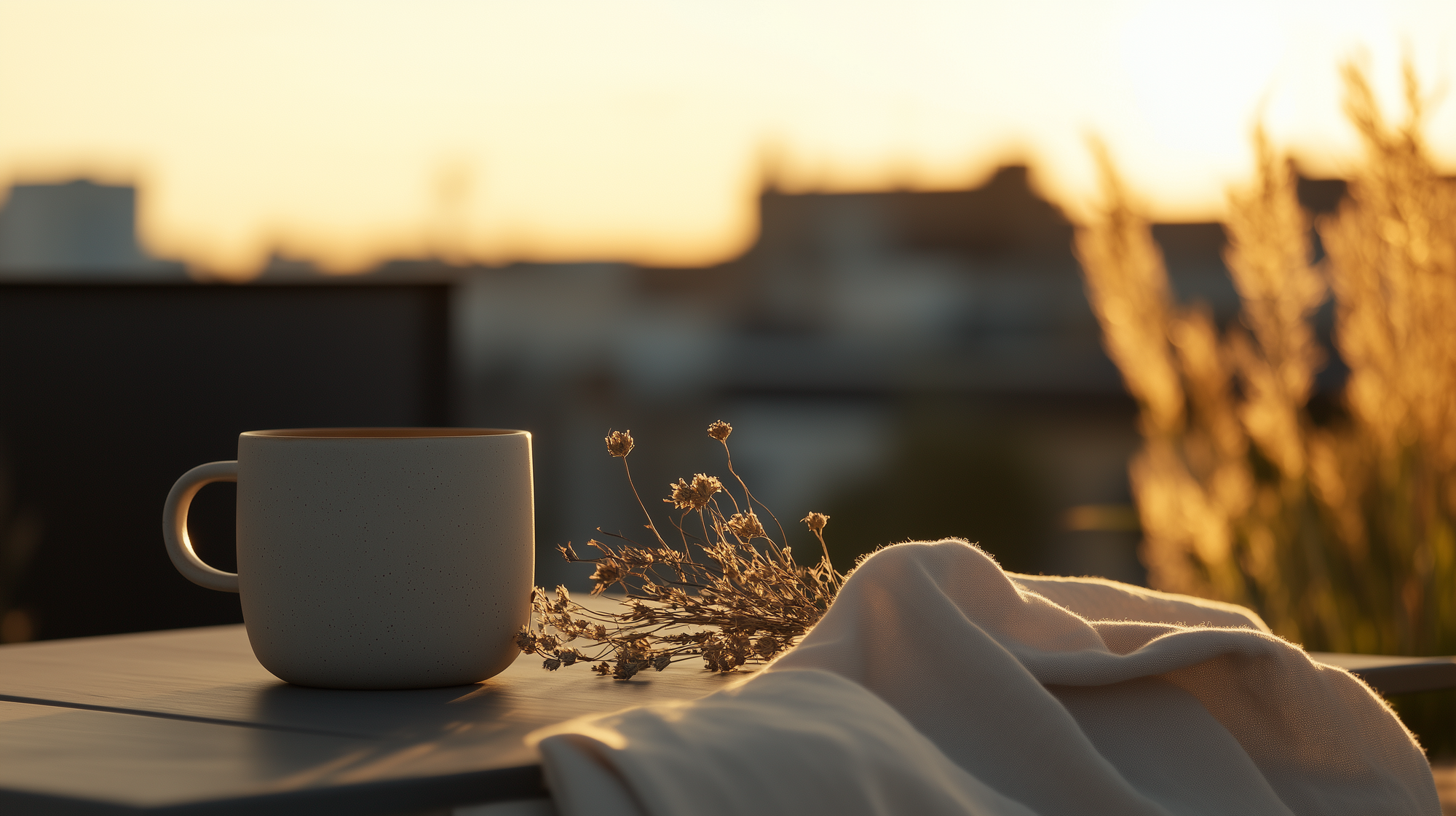 Zen Aroma To-Go Kit lifestyle scene – warm sunset light with ceramic mug, dry flowers and fabric, evoking portable incense rituals for calm anywhere
