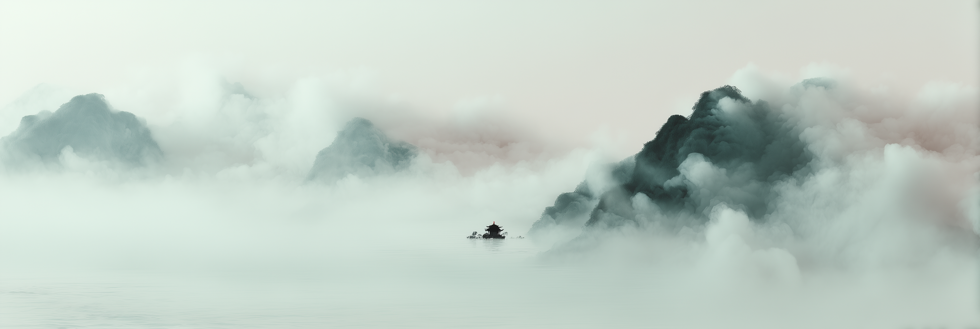 Zen Aroma Zen Legacy Collection – misty mountain lake with temple, evoking rare incense rituals and contemplative fragrance for collectors and connoisseurs