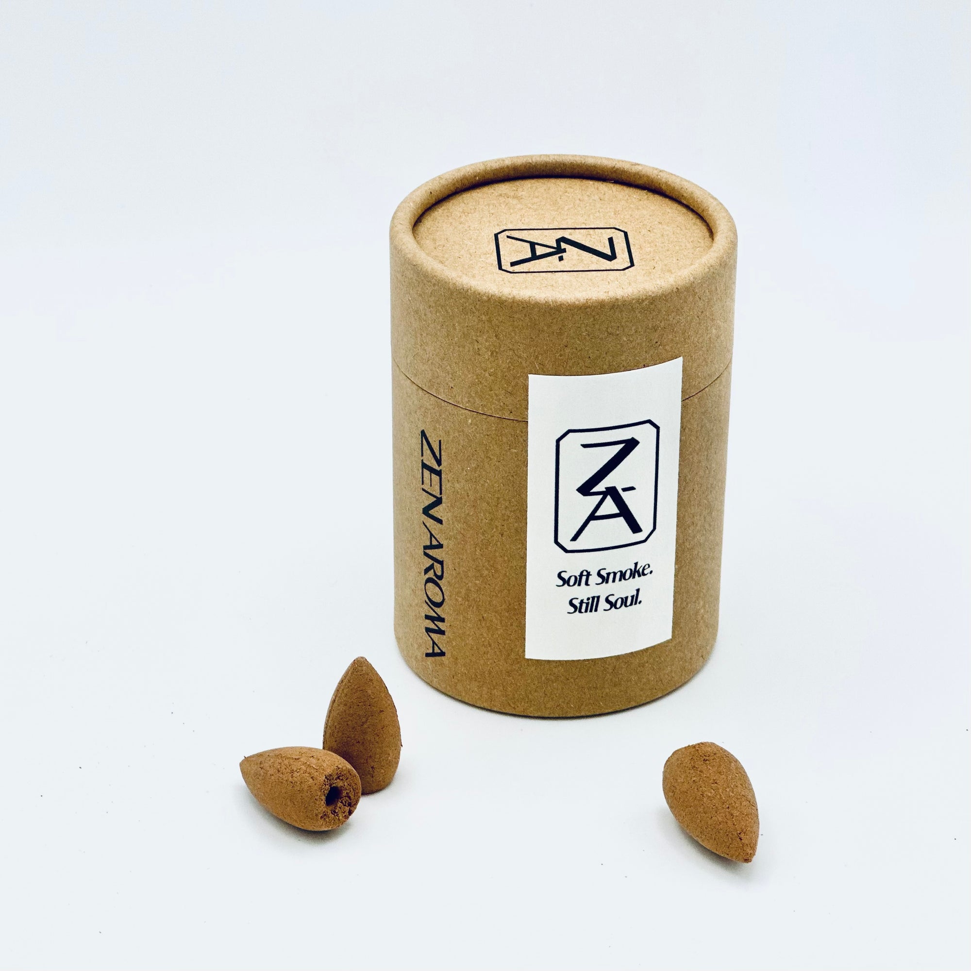 Zen Aroma backflow incense cones with a minimalist kraft paper tube packaging on a white background.