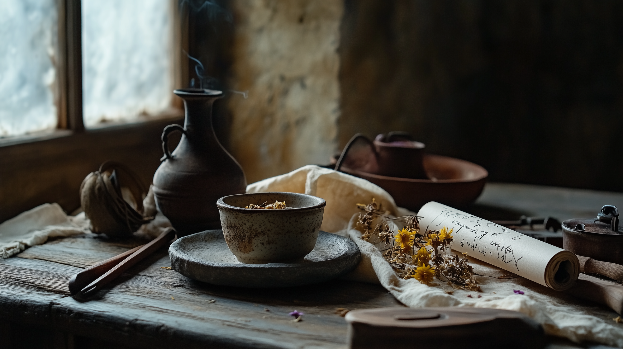Zen Aroma brand story – traditional incense-making tools, scrolls and dried herbs evoking craftsmanship, heritage, and the soul of fragrance rituals