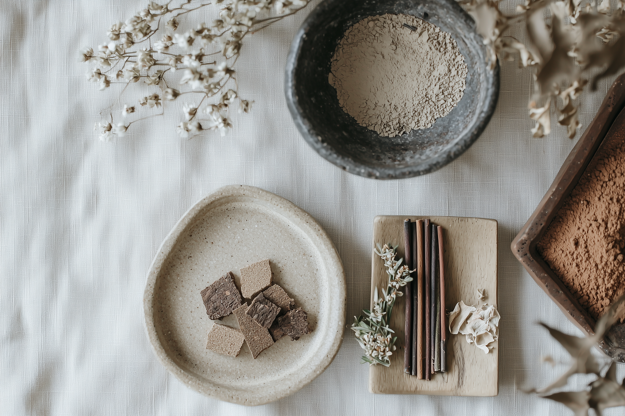 Zen Aroma handcrafted incense materials – natural herbs, resin, powders and wood used in thoughtful fragrance rituals