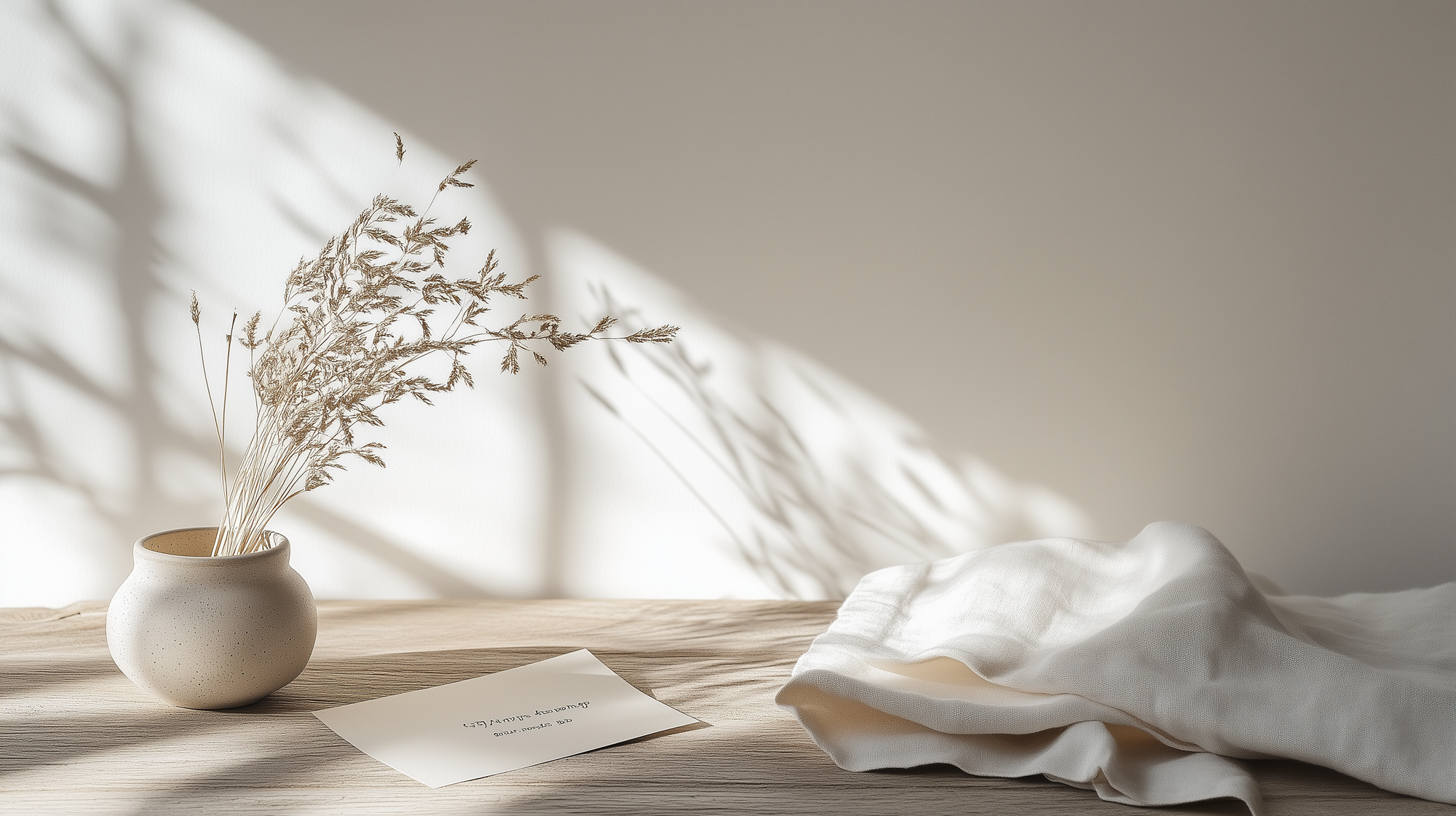 Soft morning light falls across a linen-covered table, where a ceramic vase holds delicate dried stems — evoking quiet connection and gentle presence