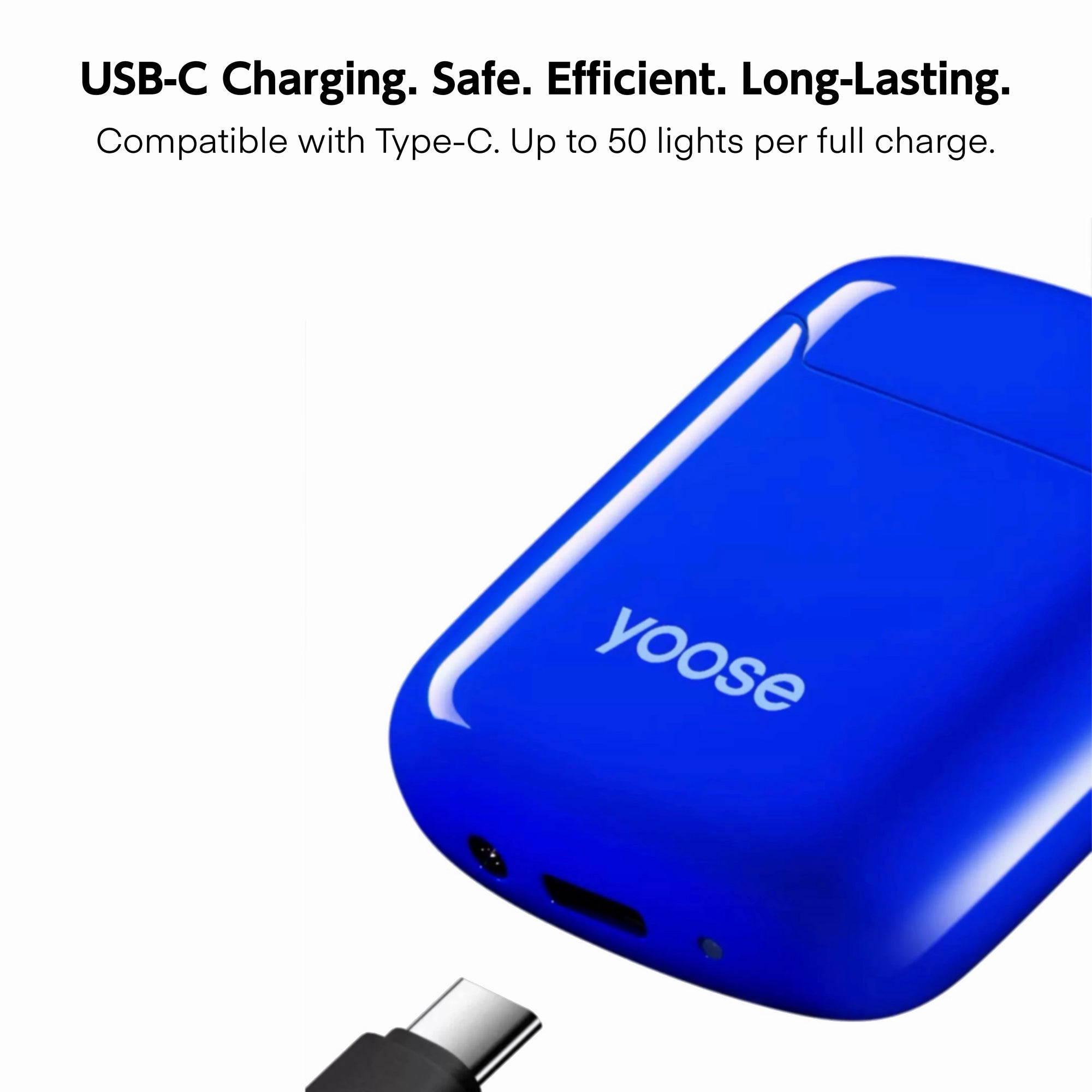 Close-up of Zen Aroma electric arc lighter by Yoose in blue, featuring a USB-C charging port for safe, efficient, and long-lasting performance—up to 50 ignitions per charge.